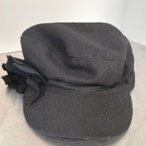 Black Wool Paperboy Cap with Flower Accent